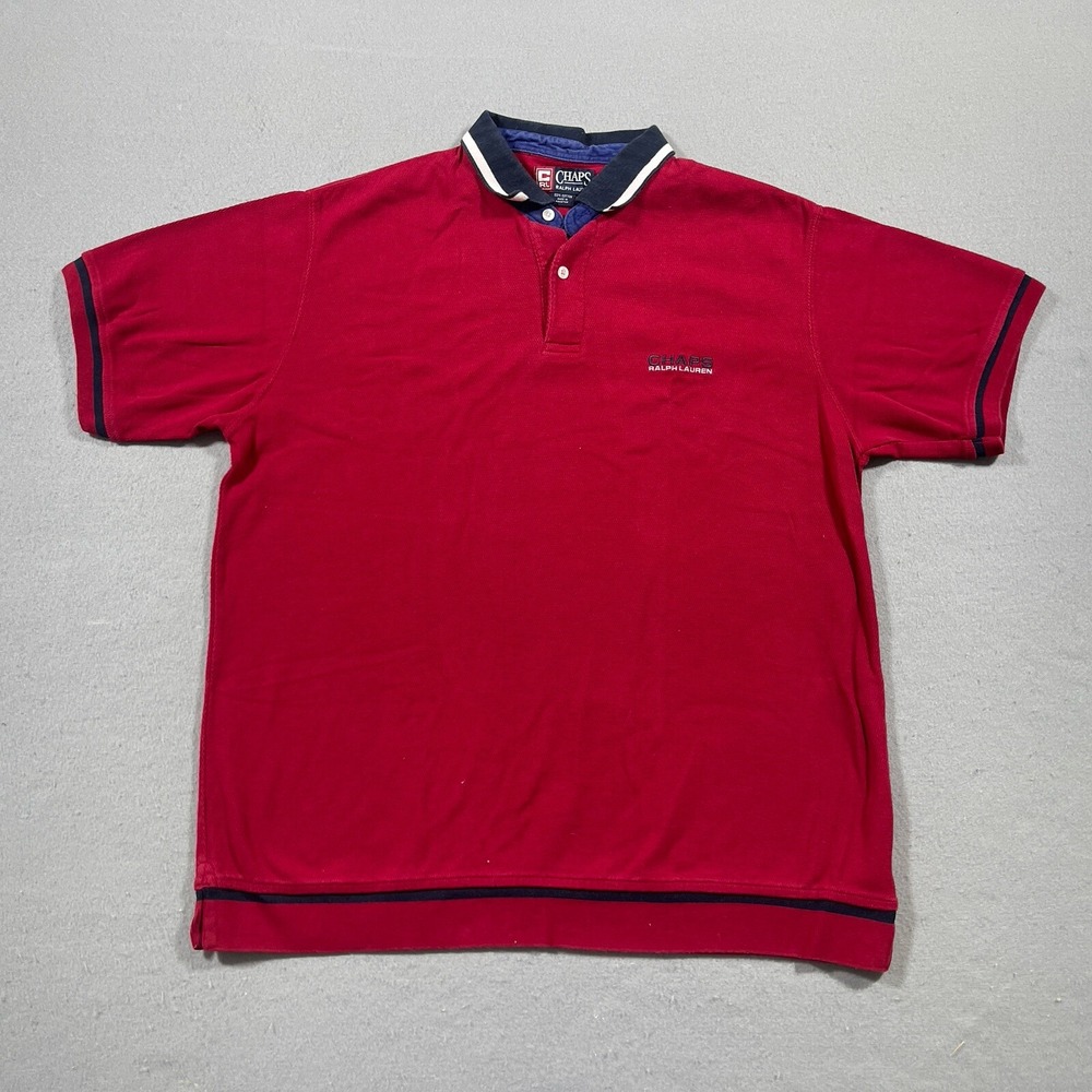 Chaps Ralph Lauren Polo Shirt Men Large Regular Red Pique Short Sleeve 90s